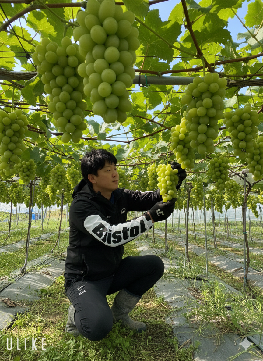 A person inspecting grapes on a vine